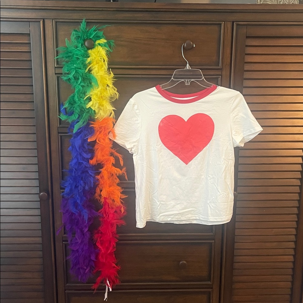 Harry Styles Themed Outfit - White T-Shirt with Red Heart and Rainbow Boa